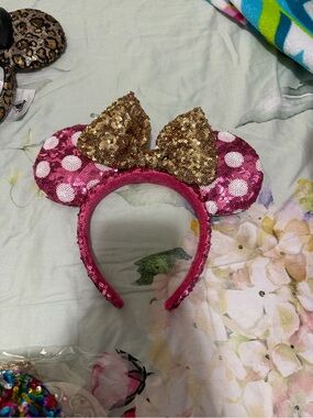 Disney Hot Pink Sequin Minnie Ear Headband with Gold Bow